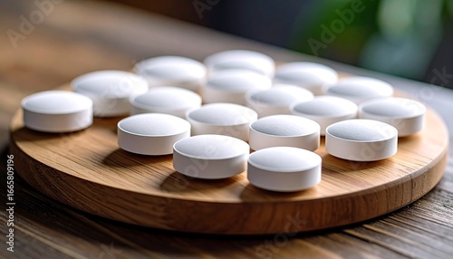 White pills arranged in a circular pattern on a wooden tray, showcasing a close-up view of their smooth surfaces and the natural grain of the wood.