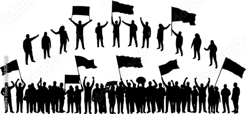 Silhouette of a crowd of people raising their hands and flags in a show of support or protest action | editable eps vectors