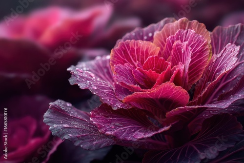 Captivating ornamental cabbage showcases vibrant purple and pink hues with water droplets