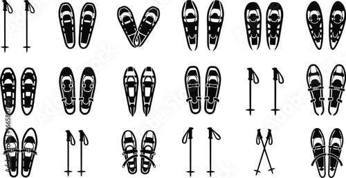 Set of snowshoe and trekking pole icons, representing winter sports and outdoor activities in snowy landscapes