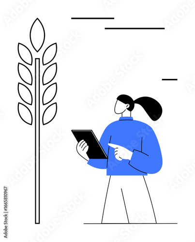Person holding tablet, assessing a wheat plant. Ideal for agriculture, technology, innovation, sustainability, research, education environment. Perfect for a simple landing page