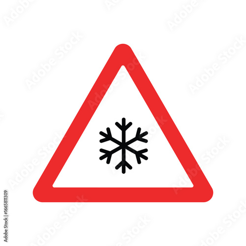 Red triangle warning sign black snowflake icon winter weather alert icy road caution snow hazard symbol