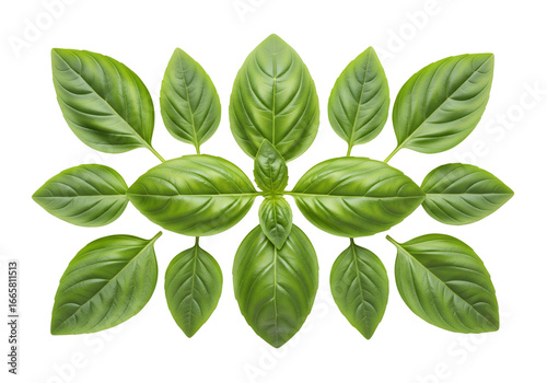 Symmetrical Pattern of Fresh Green Basil Leaves Isolated on White
