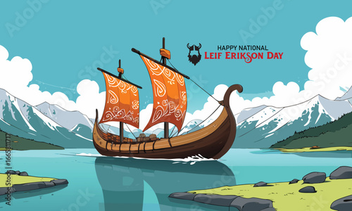 Illustrate a scene with a Viking ship and adventurous sails. Add the text "Honoring National Leif Erikson Day!"