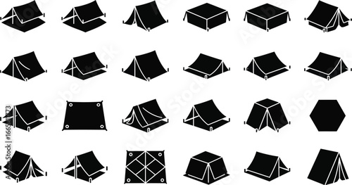 Collection of various tent designs for camping and outdoor adventures, featuring recreational shelters and travel equipment