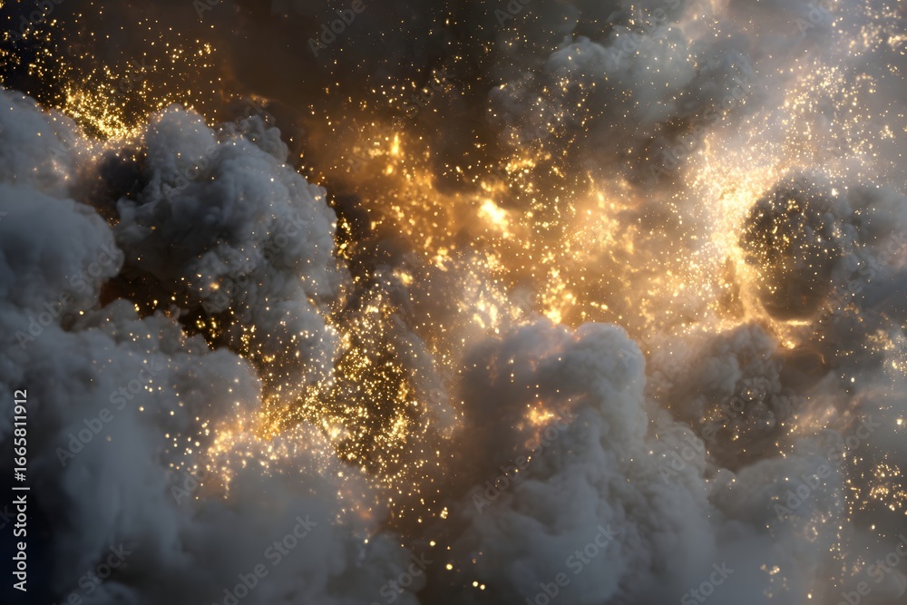 Obraz premium Dramatic explosion with fiery sparks and smoke billowing in a dark sky, creating a chaotic atmosphere