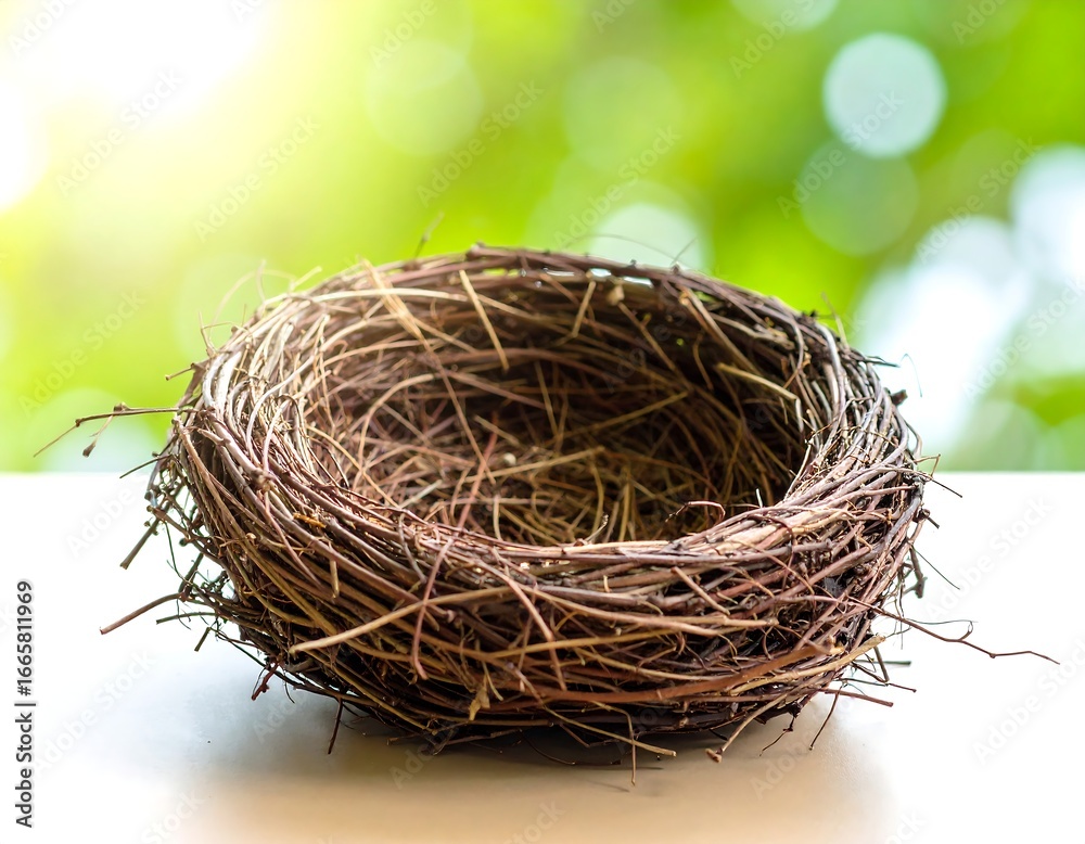 Obraz premium Empty Bird Nest on White Surface, Outdoors
