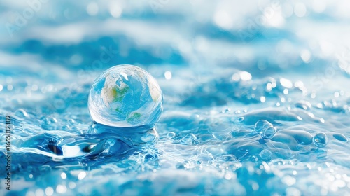 Oxygen bubbles in clear blue water, close-up. Mineral water. Water enriched with oxygen