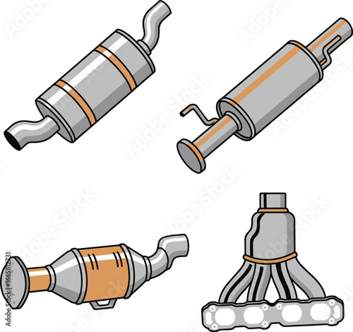 Illustration showing four different types of car exhaust system components.