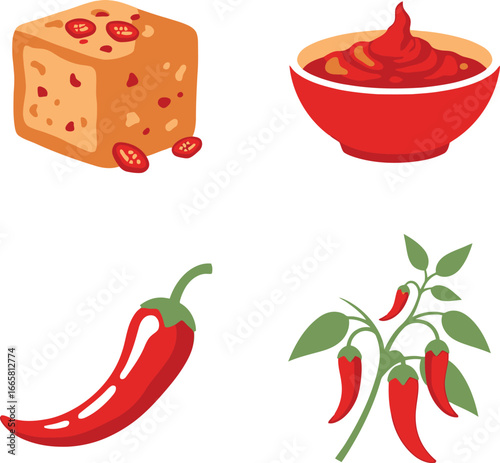 Illustration of chili peppers, sauce, and tofu with chili flakes, showcasing spicy food elements.