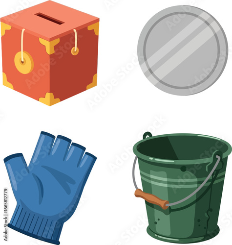 Illustration of a donation box, coin, fingerless glove, and green bucket on a white background.