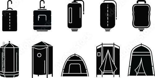 Collection of portable shower and tent icons for camping, outdoor activities, and travel in vector graphic style