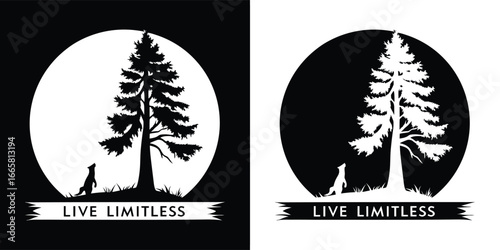 A lone wolf howls at a full moon beneath a tall pine tree in a forest, with the text live limitless representing freedom and potential