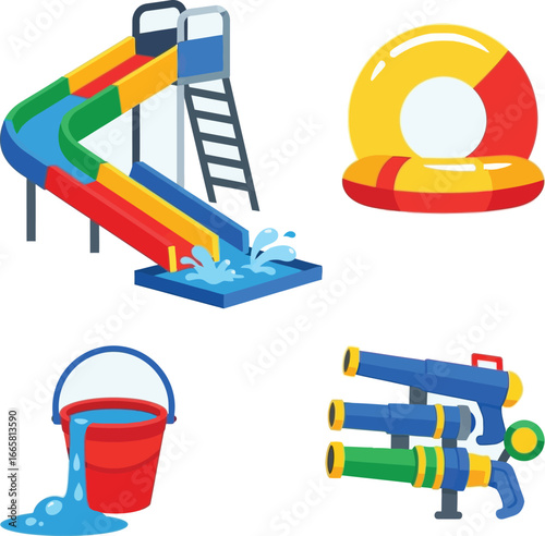 Colorful summer fun: water slide, inflatable ring, bucket, and water guns.