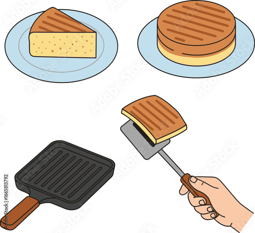 Illustration showcasing a cake slice, a whole cake, and a grilled sandwich being prepared.