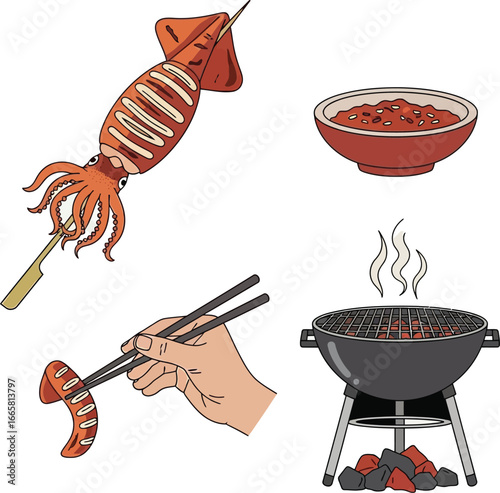 Illustration showcasing grilled seafood, a bowl of sauce, and a hand using chopsticks.