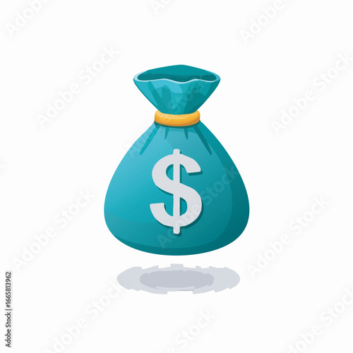 Blue money bag with dollar sign sitting on white surface represents wealth and financial success, symbolizing investment and prosperity.