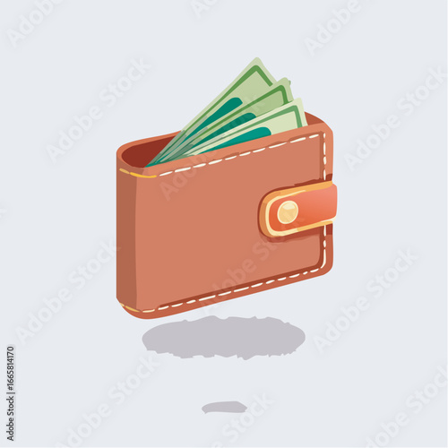 Brown leather wallet holding green banknotes floats above surface symbolizing financial abundance and wealth, suggesting prosperity and security.