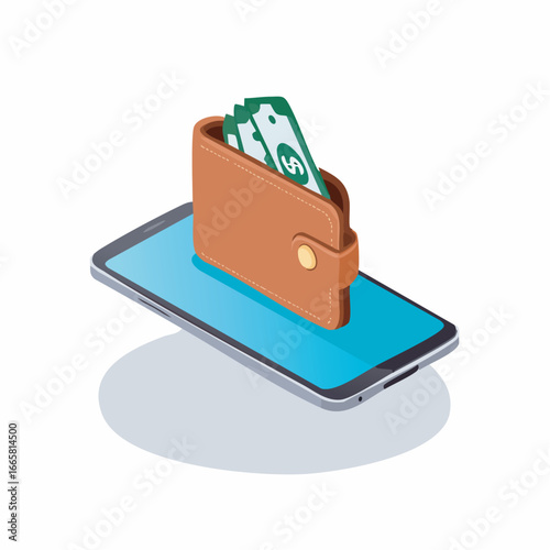 Wallet with money sitting on a smartphone screen representing mobile payment and financial technology in a modern and convenient way.