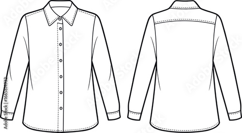 Button-up shirt technical sketch, front and back view, fashion illustration, pointed collar, long sleeves, garment design, sewing template, vector drawing
