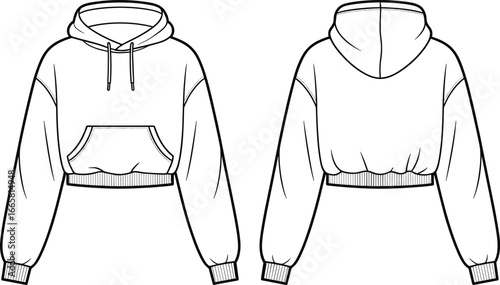 Cropped hoodie flat sketch, front and back view, fashion technical drawing, sweatshirt design template, casual streetwear apparel illustration for clothing industry