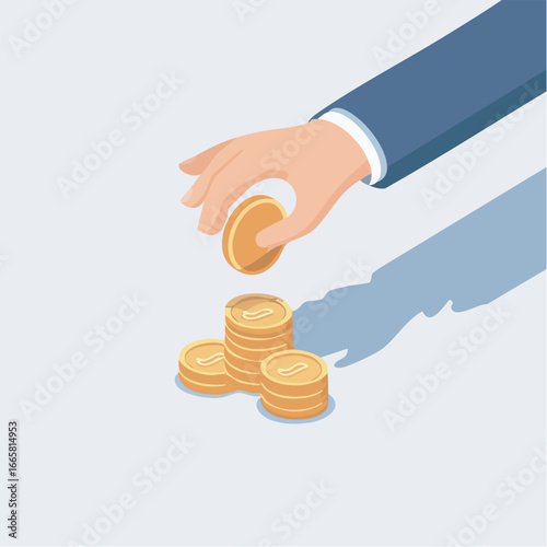 Hand placing golden coin on stack in isometric view on light blue surface, representing investment and savings with financial security theme.