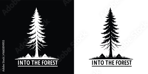 A tall pine tree stands prominently in a forest setting with mountains in the background, text reads into the forest, evoking a sense of adventure