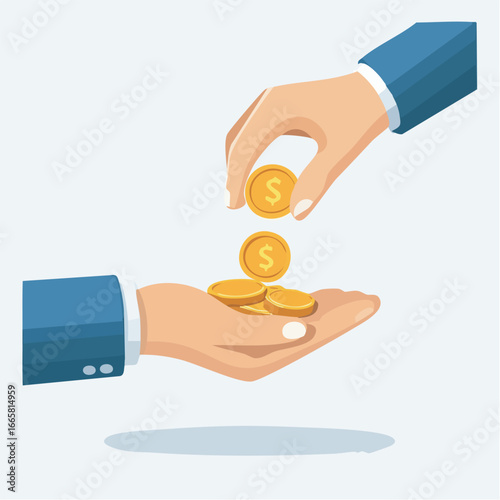 Hand giving golden coins to another hand, representing financial support, donation, or investment on a clean, simple backdrop, symbolizing generosity and aid.
