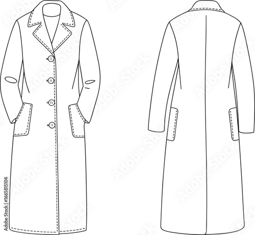 Long coat flat sketch, front and back view, fashion technical drawing, winter overcoat design template, classic outerwear illustration for apparel industry