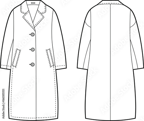 Long overcoat flat sketch, front and back view, classic fashion technical drawing, coat design template for apparel industry, winter outerwear illustration