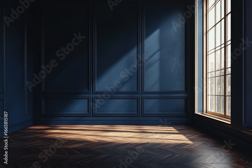 Wallpaper Mural A sun-drenched corner of a classic room, showcasing rich dark blue paneled walls and a wooden herringbone floor. Torontodigital.ca