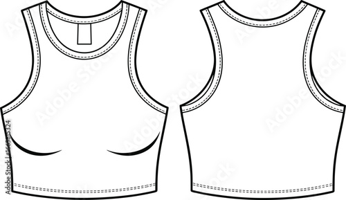 Sleeveless crop top sketch, scoop neckline, technical flat drawing, front and back view, bust shaping, apparel template, fashion design, garment outline