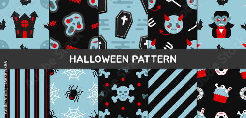 Halloween seamless pattern with black and blue backgrounds featuring haunted castles, coffins, demons and vampires. Perfect for backgrounds, wallpaper, web page, surface and seasonal design.