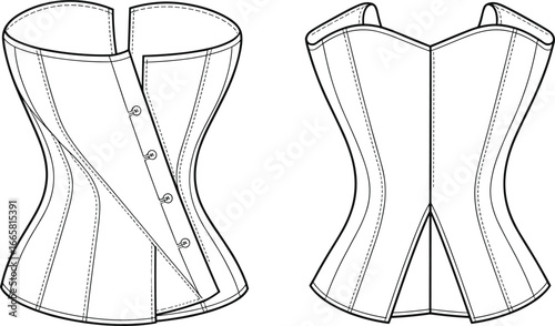 Technical flat sketch, corset front and back, busk closure, lacing detail, fashion design template, garment construction, apparel pattern, clothing illustration, sewing reference