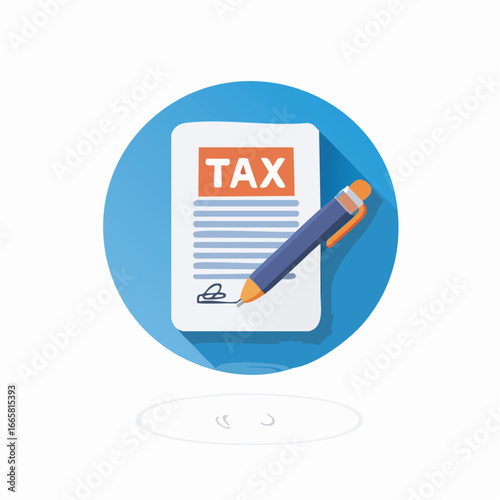 Tax form being signed with a pen on a blue circle, representing financial responsibility and compliance with tax laws, conveying a sense of obligation.