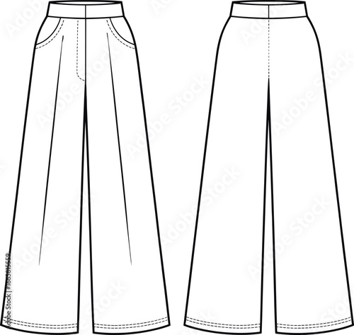 Wide-leg pants fashion illustration, front and back view, technical sketch, high waist, garment design, sewing pattern, apparel template, vector drawing
