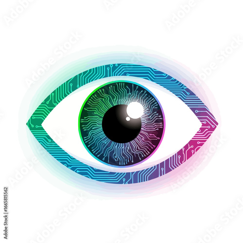 Futuristic eye design with circuit board pattern and vibrant gradient colors, suitable for technology, AI, and cybersecurity concepts.