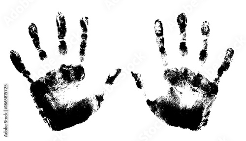 Hand print with left and right palm. Grunge black kids handprint isolated