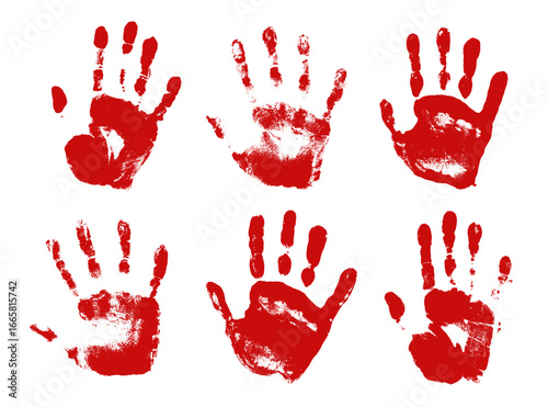 Bloody hand print silhouettes set. Grunge red handprint isolated