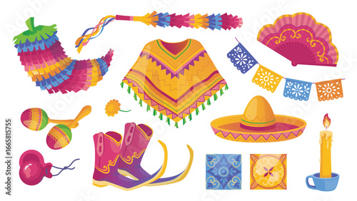 Mexican party accessories cartoon elements set. Collection of quirky colourful holiday symbols pinata, poncho, fan, garlands, boots, sombrero hat, tile patterns, candle, maracas. Vector illustration.