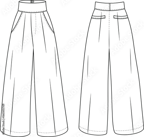 Wide-leg trousers technical illustration, front and back view, fashion sketch, pleated pants, high waist, garment design, sewing pattern, vector drawing