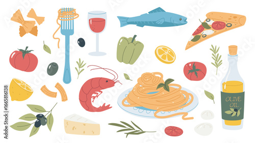 Italian food pasta elements set. Collection of farfalle macaroni, spaghetti on fork, wine glass, tomatoes, lemons, olives, cheese, shrimp, pepper, fish, pizza margarita, more. Vector illustration.