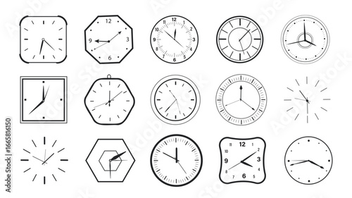 Simple clock elements set. Collection of classic vintage clock dials with arrows and numbers, round and square shapes of analog ticking chronometers showing different times. Vector illustration.