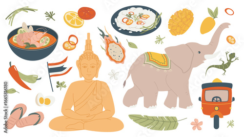 Thai culture elements set. Collection of different street food, lemon, orange, dragon fruit, peppers, national flag, shoes, Buddha statue, elephant, mango, lizard, flowers, leaf. Vector illustration.