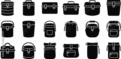 Diverse collection of lunchbox and cooler bag icons, ideal for food storage and portable meal solutions