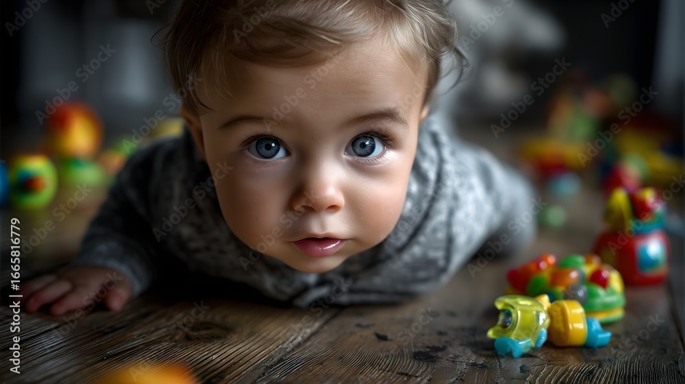 Obraz premium Crawling baby on wooden floor colorful toys indoor close-up