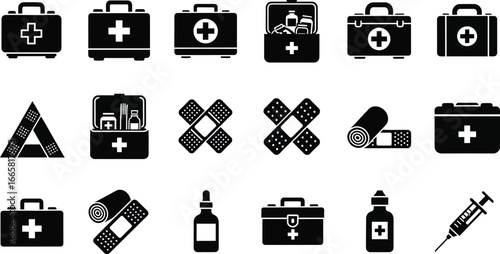 Collection of first aid kit icons for medical, health, emergency, and safety purposes