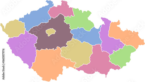 A colorful political map of the Czech Republic showing the boundaries of all 14 regions. Ideal for educational, travel, and data visualization projects.