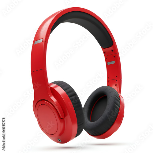 Photo of Glossy Red Headphones on White Background Isolated Studio Shot