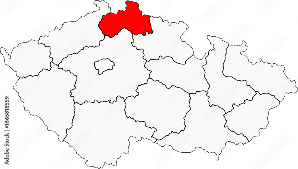 Obraz premium Map of the Czech Republic highlighting the Liberec Region. Ideal for projects on its mountains, famous ski resorts, and stunning Jizera Mountains.